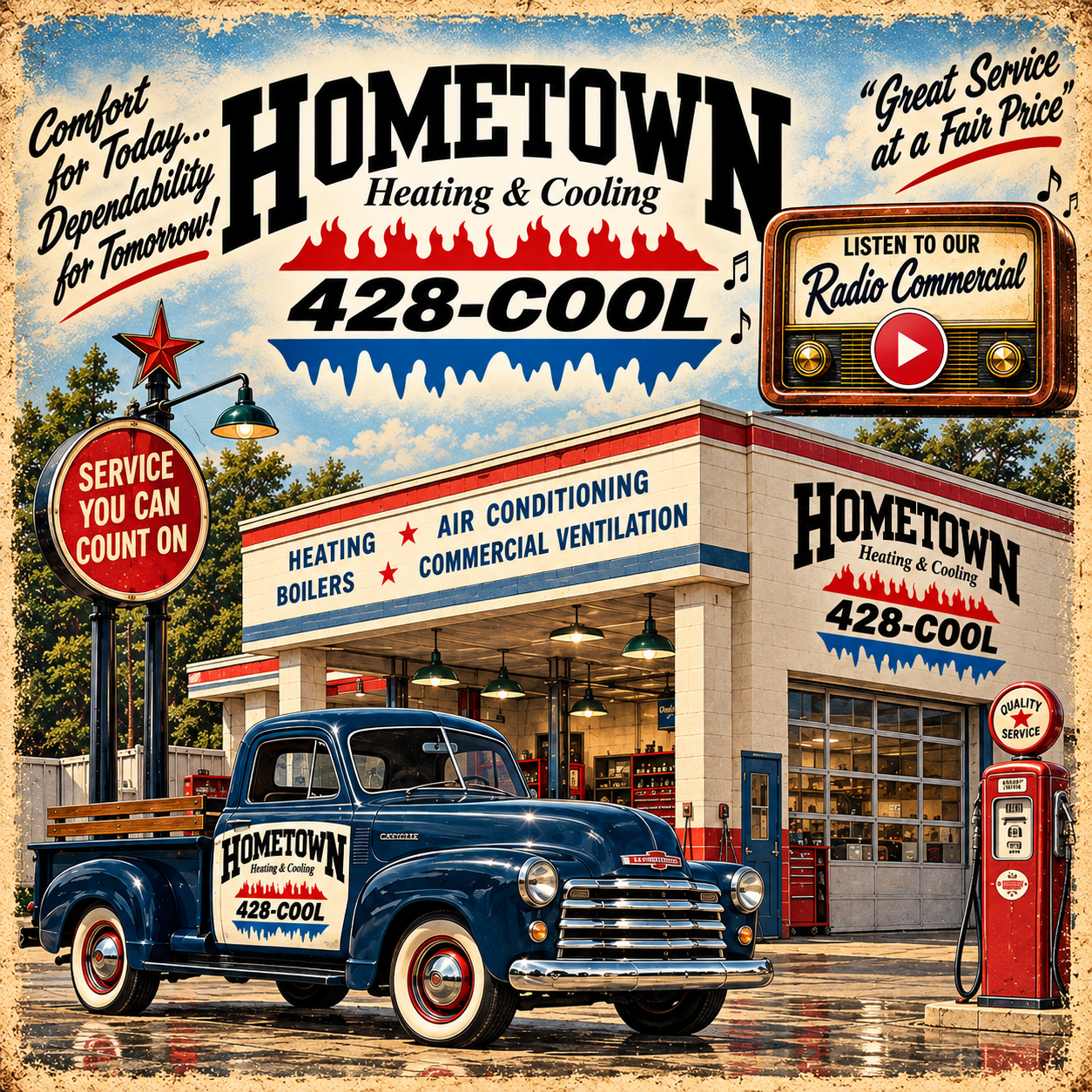 Hometown Heating & Cooling's red-flame and blue-ice 428-COOL logo above a vintage service station and navy pickup truck, with a vintage radio in the upper-right corner.