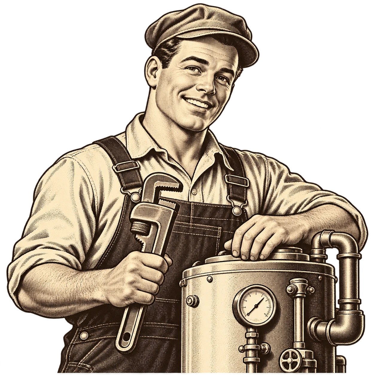 A cheerful 1940s boiler repairman in overalls holding a pipe wrench.