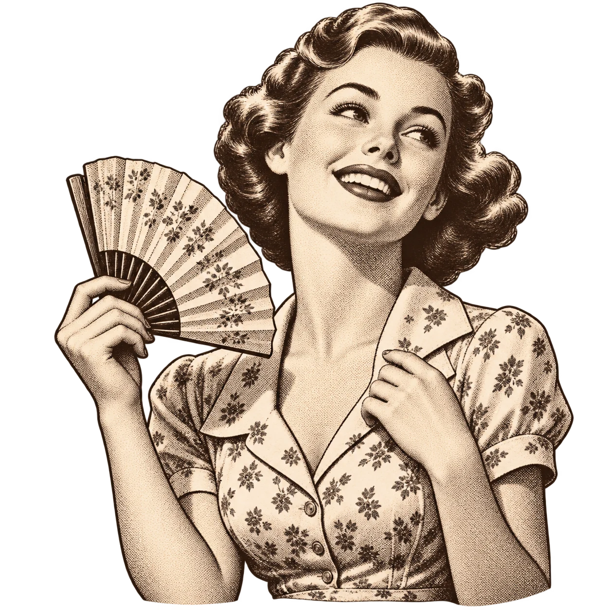 A smiling woman with a 1940s waved hairstyle enjoying a cool breeze with a folding fan.