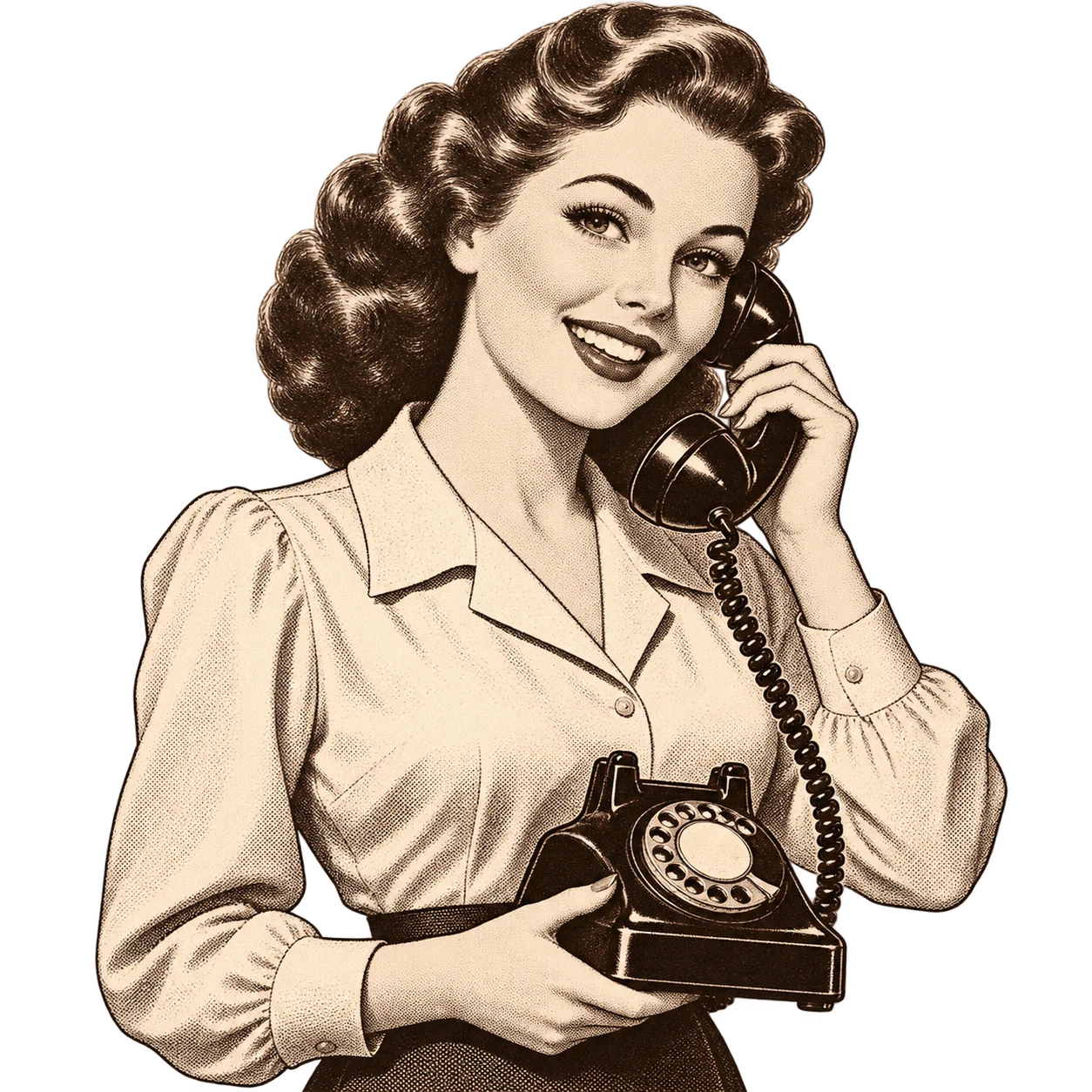 A welcoming 1940s telephone operator holding a rotary telephone.