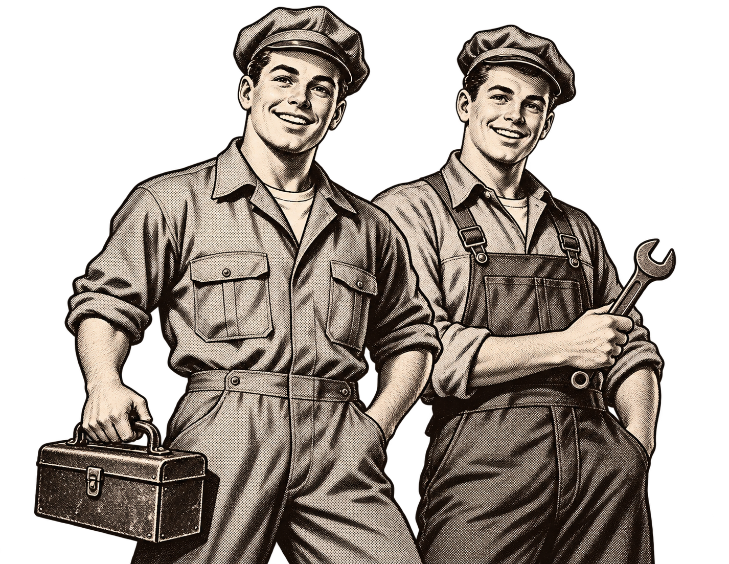 Two smiling service technicians illustrated in the style of a 1940s newspaper advertisement.
