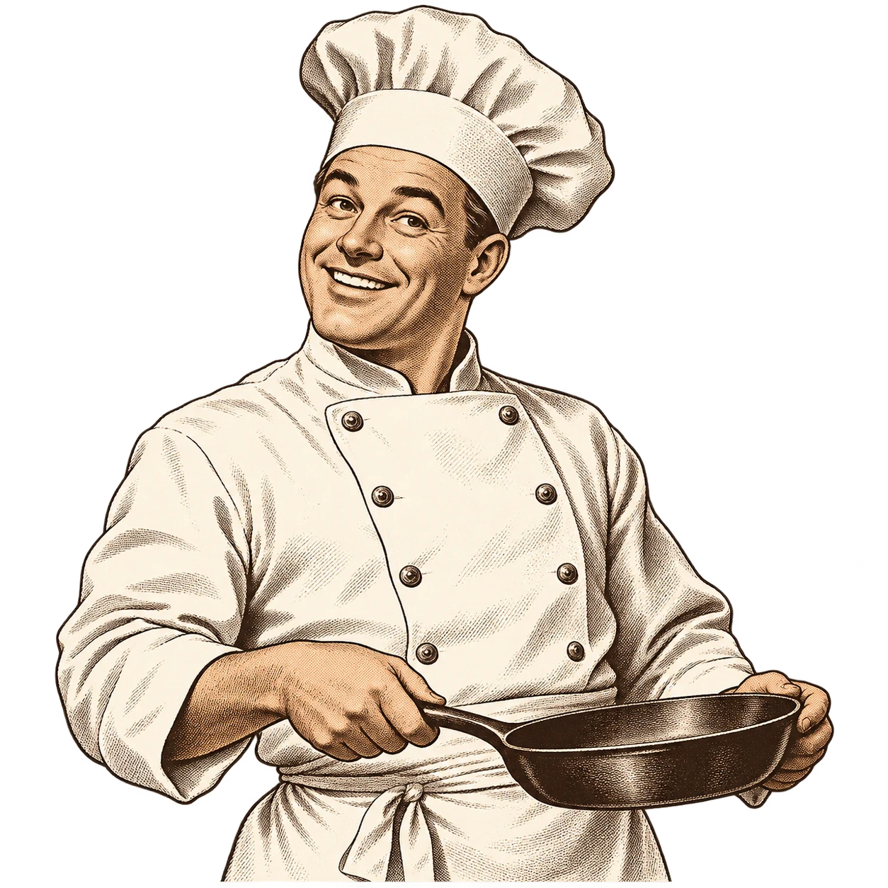 A friendly 1940s restaurant chef in a tall chef hat holding a frying pan.